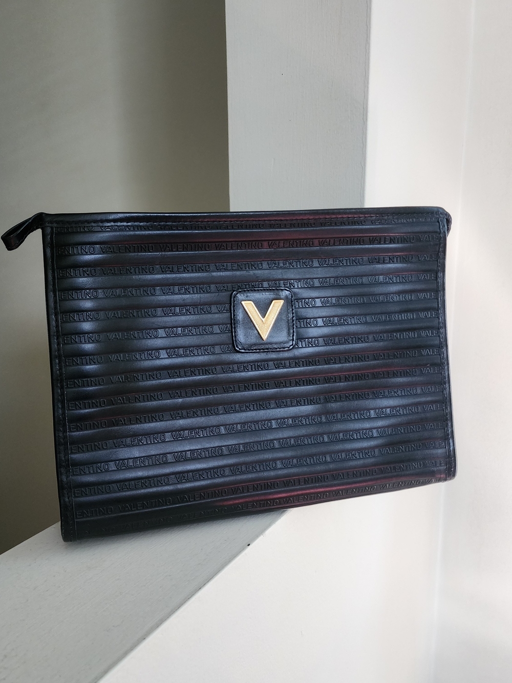 Mario Valentino Black Leather Zip Pouch, Clutch, Make Up Bag with Gold V Logo